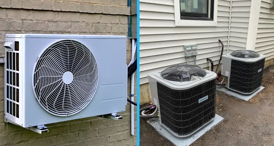 : Side-by-side of central air and ductless HVAC units installed in Suffolk County home